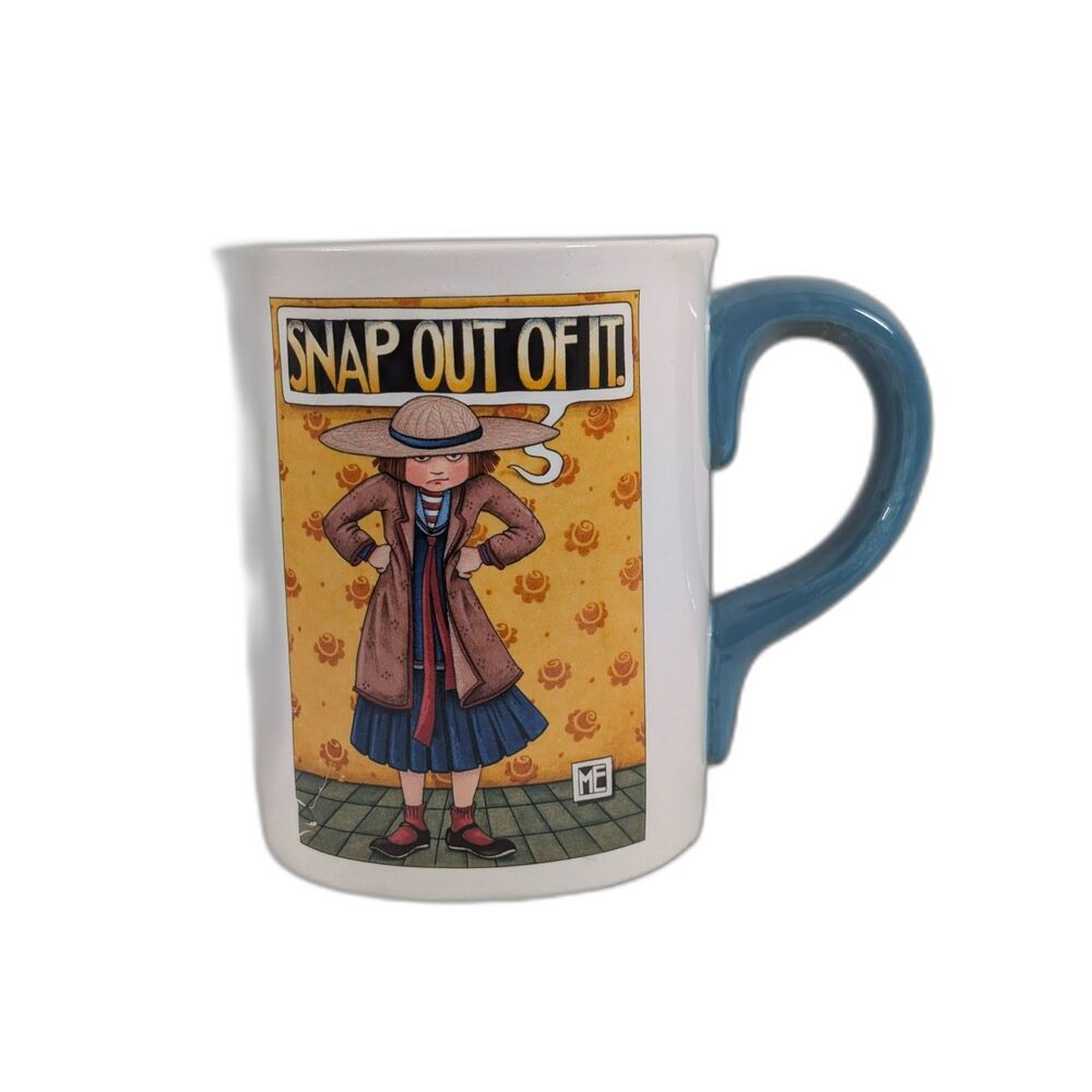 Vintage Mary Engelbreit 1999 Snap Out Of It! 14 Oz Coffee Mug Teal Blue Handle